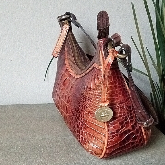 BRAHMIN " Lacy " Pecan Tri Color Multi Texture Small Hobo Shoulder Bag Purse. - Picture 4 of 13